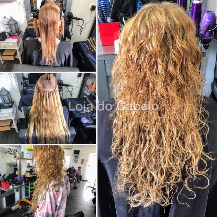 Imagem que apresenta 1 imagem da cabeça da cliente por trás antes de aplicar extensões de cabelo, uma imagem durante a aplicação das extensõse de cabelo e 2 imagens do resultado final após a aplicação das extensões de cabelo.
