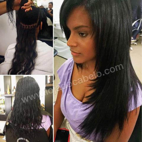 Etapas da aplicação em cabelo escuro: madeixas, ligações e resultado final comprido e liso.