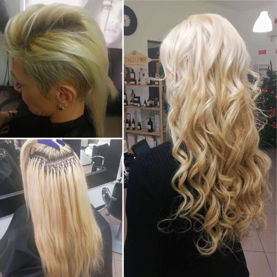 Antes e depois: cabelo louro curto transformado em cabelo louro comprido, com ondas largas.