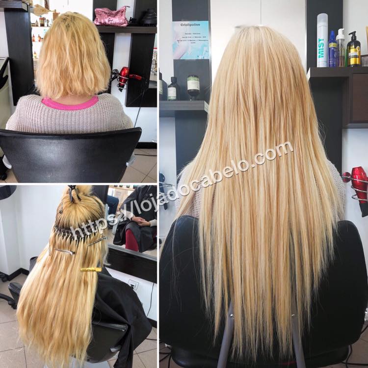 Imagem que apresenta a cabeça da cliente antes da aplicação de extensões de cabelo e imagens traseira e lateral da cabeça da cliente após a aplicação das extensões de cabelo humano.