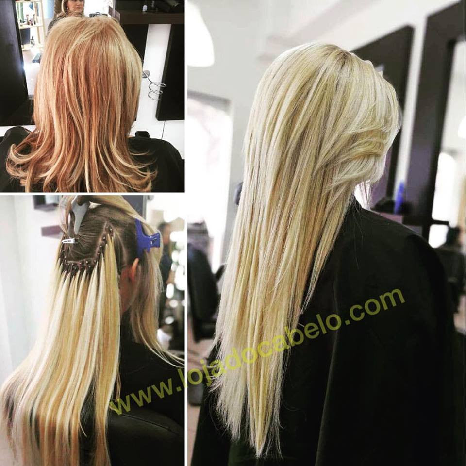 Montagem da aplicação: cabelo louro mais curto, filas de extensões e resultado longo e liso.