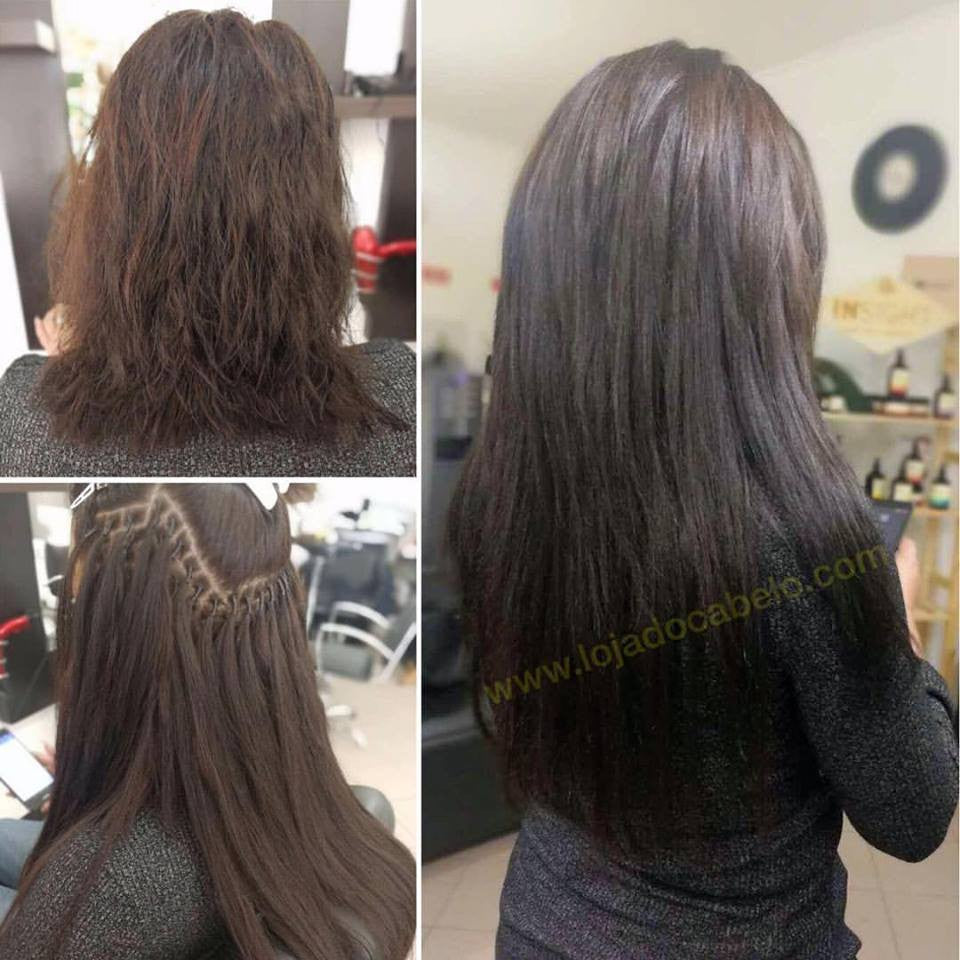 Antes, durante e depois: cabelo castanho escuro curto transformado em cabelo longo e liso.