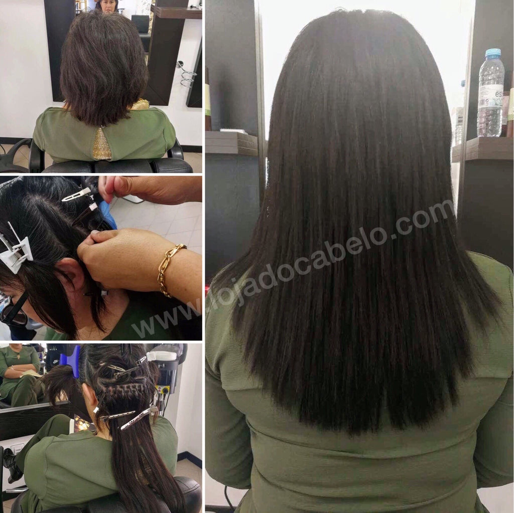 Etapas da aplicação de extensões em cabelo escuro, com um resultado liso e mais comprido.