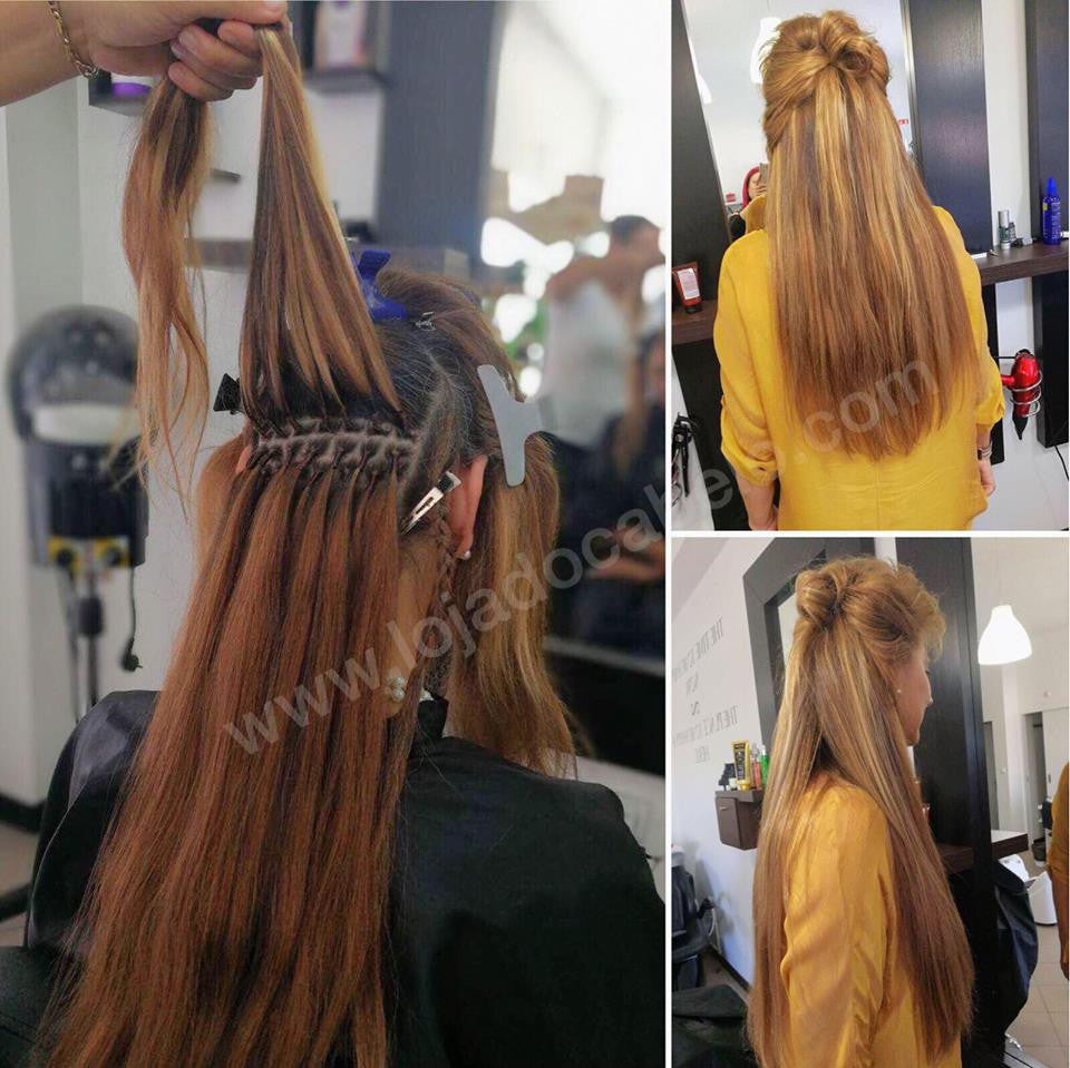 Aplicação de extensões em cabelo castanho com reflexos quentes para acrescentar volume e comprimento.