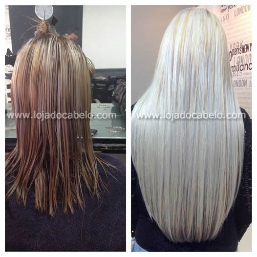 Antes e depois: cabelo louro com raiz escura, com um resultado liso e mais comprido após a aplicação.