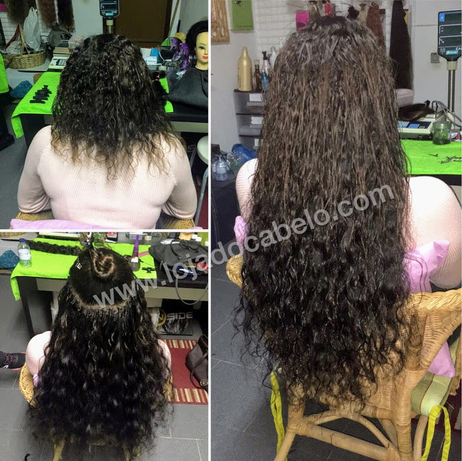 Antes e depois de extensões cacheadas escuras, com caracóis compridos a descer pelas costas.