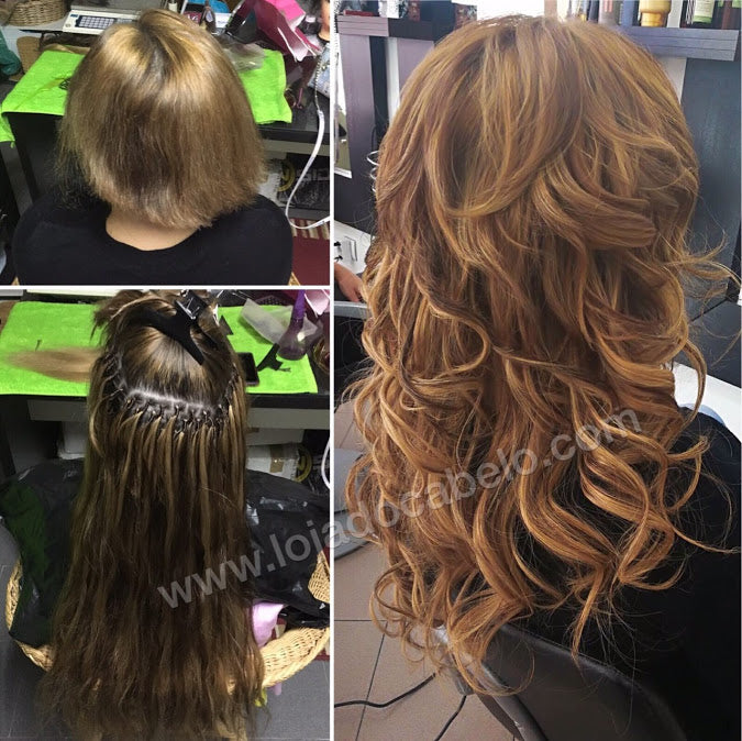 Antes e depois: cabelo curto transformado em cabelo comprido, com ondas largas e reflexos castanhos e acobreados.