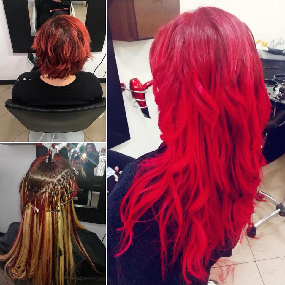 Antes e depois: cabelo vermelho curto transformado em cabelo vermelho comprido, visto de costas.