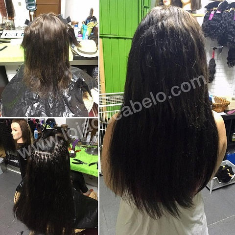 Antes, durante e depois da aplicação de extensões escuras, com um resultado mais comprido.