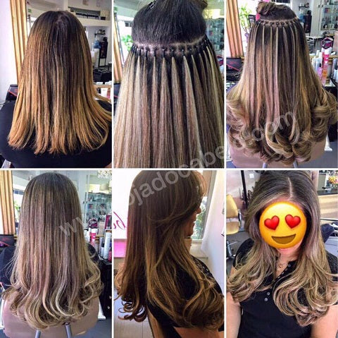 Etapas de uma aplicação com quatro tons: raiz castanha e comprimentos com reflexos louros e ondas largas.