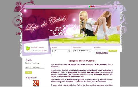 Captura da antiga página inicial da Loja do Cabelo, com cabeçalho cor-de-rosa e menu de produtos.