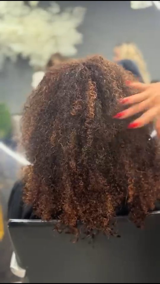 Cabelo caipira com caracóis e reflexos quentes, visto de costas.