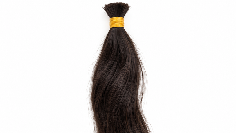 Composição editorial de um lote de cabelo solto escuro, com detalhe das fibras e da raiz atada.