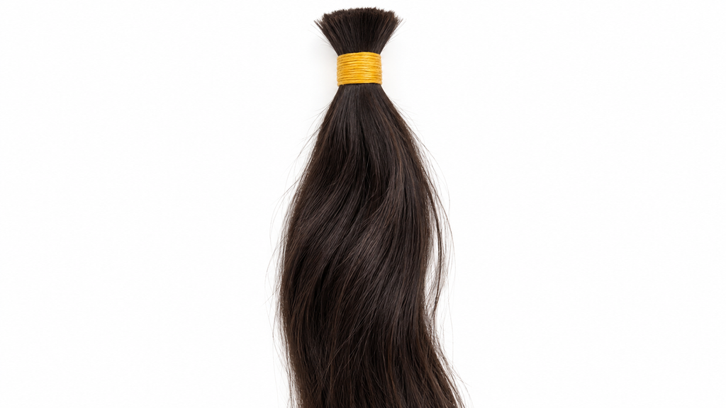 Composição editorial de um lote de cabelo solto escuro, com detalhe das fibras e da raiz atada.