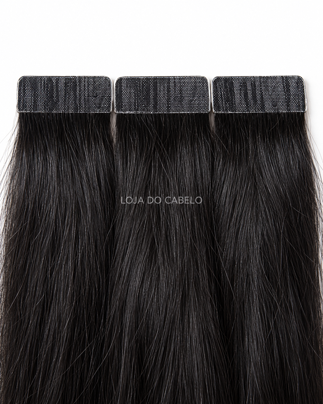 Extensões de cabelo liso com fita adesiva 60 cm · Cor #1B — pontas cheias e bases adesivas.